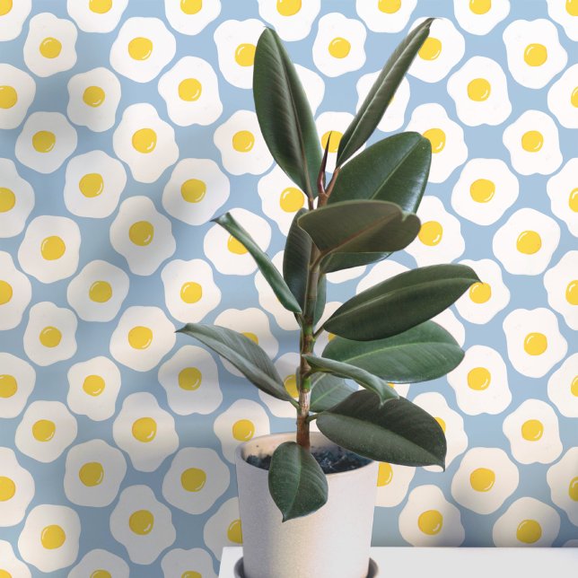 Papier Peint Œufs Frits Drôles Motif Bleu Sarcelle (Fun fried egg food art peel and stick wallpaper for kitchen, diner, cafe or restaurant)
