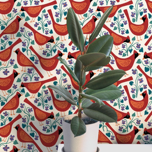 Papier Peint Oiseau Cardinal Fleur Violette Bleue Impression su (Northern red cardinal bird blue violet flower block print heritage arts and crafts style wallpaper)