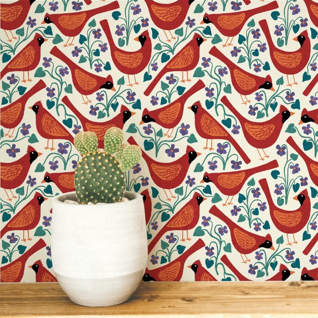 Papier Peint Oiseau Cardinal Fleur Violette Bleue Impression su (Northern red cardinal bird blue violet flower block print heritage arts and crafts style wallpaper)