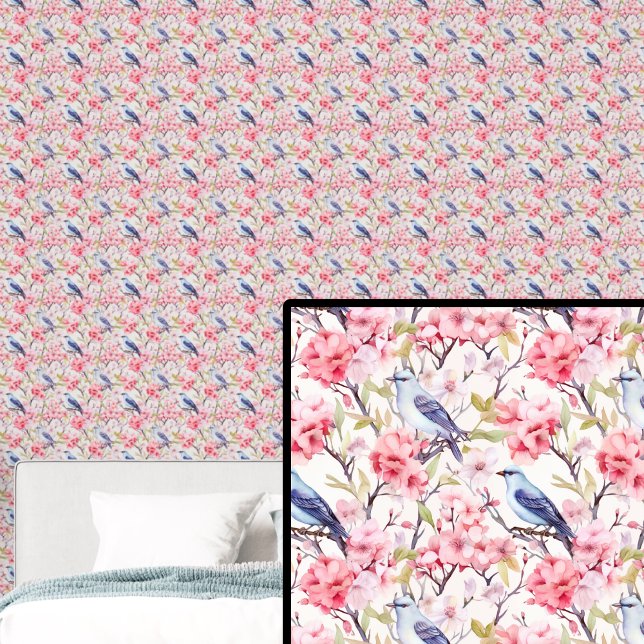 Papier Peint Oiseaux bleus aux fleurs roses (Créateur téléchargé)