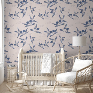 Papier Peint Oiseaux bleus gras Peel rose et bâton