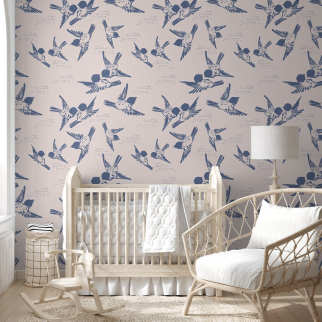 Papier Peint Oiseaux bleus gras Peel rose et bâton (Enfants)