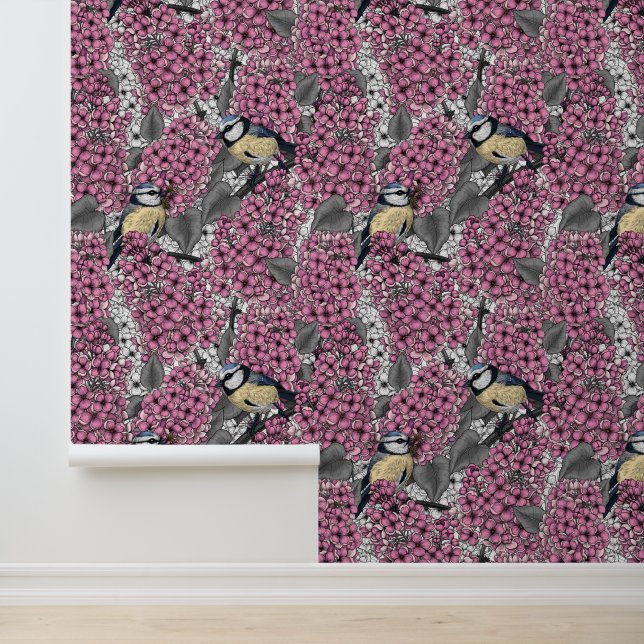 Papier Peint Oiseaux dans un jardin de lilas rose (Application)