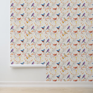 Papier Peint Oiseaux d'aquarelle sur Motif de branche