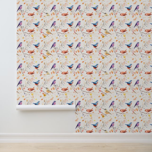 Papier Peint Oiseaux d'aquarelle sur Motif de branche (Application)