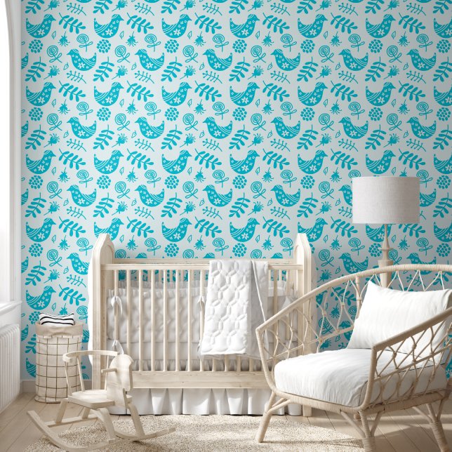 Papier Peint Oiseaux d'art populaire Blanc Turquoise (Enfants)