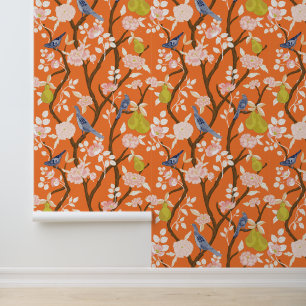 Papier Peint Oiseaux de Chinoiserie orange et bleu