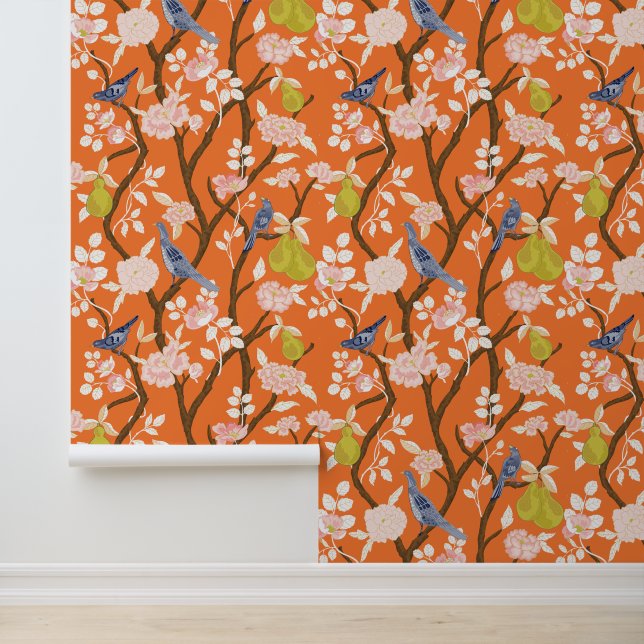 Papier Peint Oiseaux de Chinoiserie orange et bleu (Application)