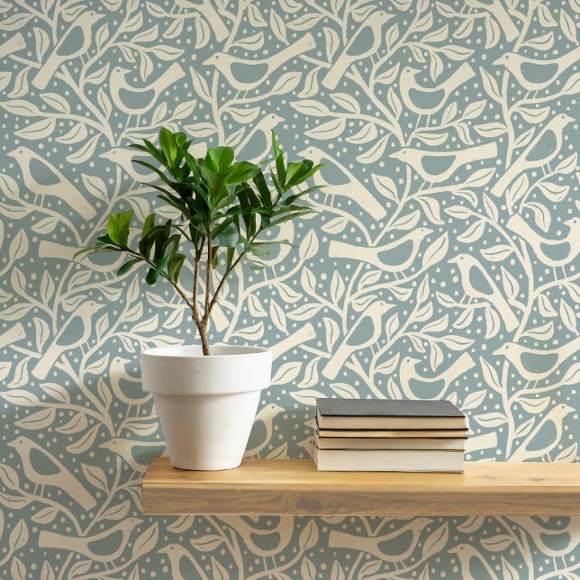 Papier Peint Oiseaux et Branches de Patrimoine Bleu Canard (Birds and branches heritage revival arts and crafts movement inspired duck egg blue green wallpaper)