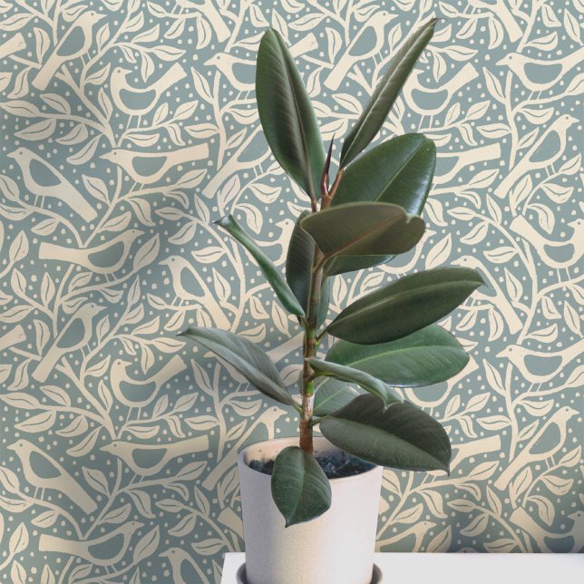 Papier Peint Oiseaux et Branches de Patrimoine Bleu Canard (Birds and branches heritage revival arts and crafts movement inspired duck egg blue green wallpaper)