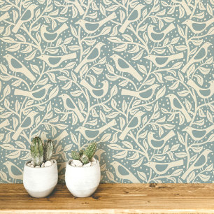 Papier Peint Oiseaux et Branches de Patrimoine Bleu Canard