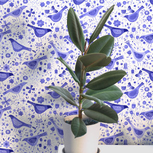 Papier Peint Oiseaux et fleurs à l'aquarelle bleue et blanche