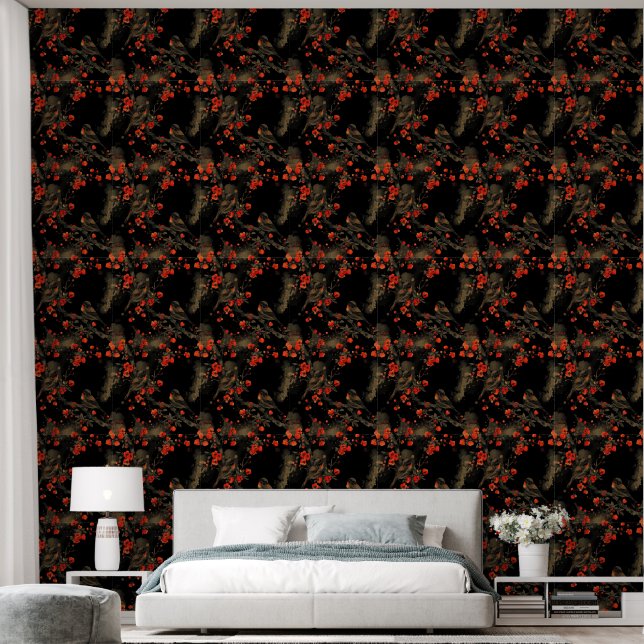 Papier Peint Oiseaux japonais et fleurs sur fond noir (Chambre à coucher)