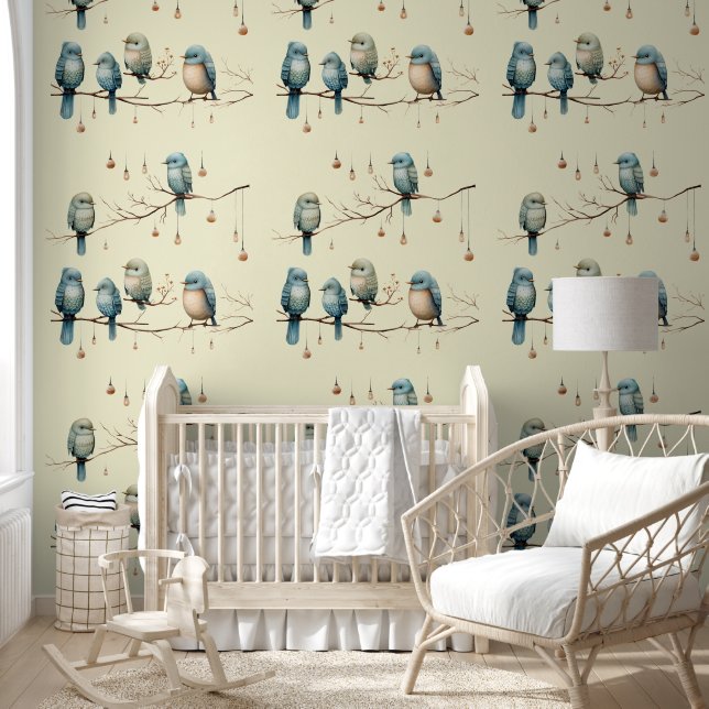 Papier Peint Oiseaux lunaires sur Branches Style Vintage (Enfants)