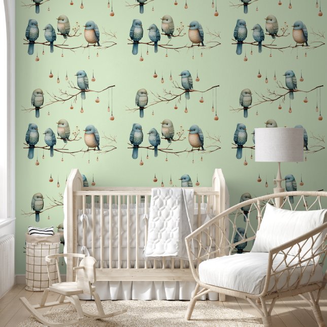 Papier Peint Oiseaux lunaires sur Branches Style Vintage (Enfants)
