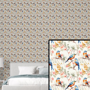 Papier Peint Oiseaux rouges orange et bleus sur tons d'automne