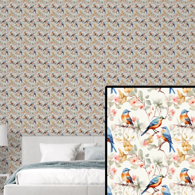Papier Peint Oiseaux rouges orange et bleus sur tons d'automne (Créateur téléchargé)