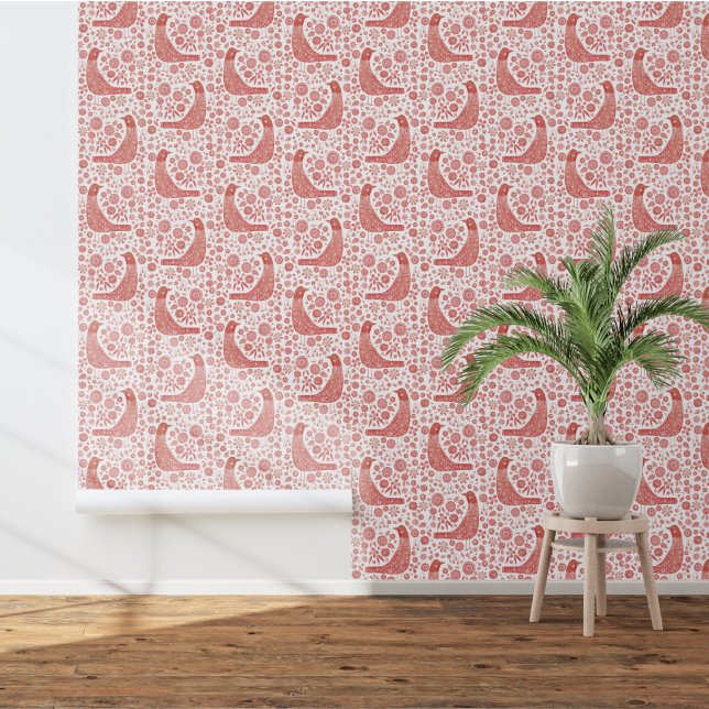 Papier Peint Oiseaux scandinaves rouges et blancs (Nordic Birds red and white art wallpaper)