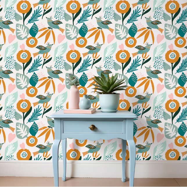 Papier Peint Oiseaux tropicaux Abstraits et motifs floraux (Bold Abstract Tropical Birds & Floral Pattern Wallpaper)