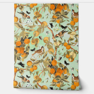 Papier Peint Oiseaux Vintages tropicaux dans le jardin de fruit