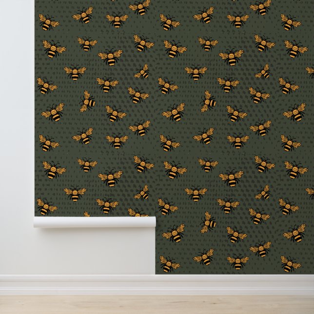 Papier Peint Olive Green Bee Mingle Wallpaper (Application)