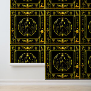 Papier Peint Or noir Motif de chat égyptien symbole Luxe