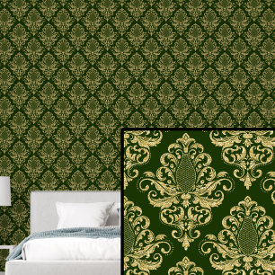 Papier Peint Or sur Rich Dark Green Classic Damask Pattern