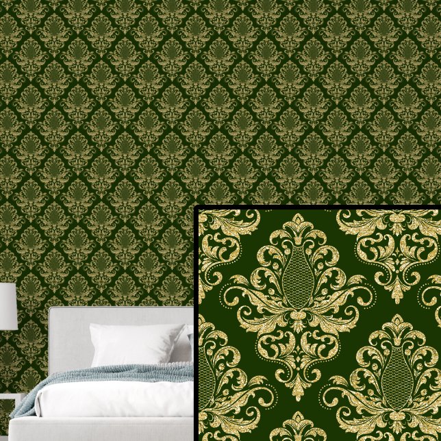 Papier Peint Or sur Rich Dark Green Classic Damask Pattern (Créateur téléchargé)