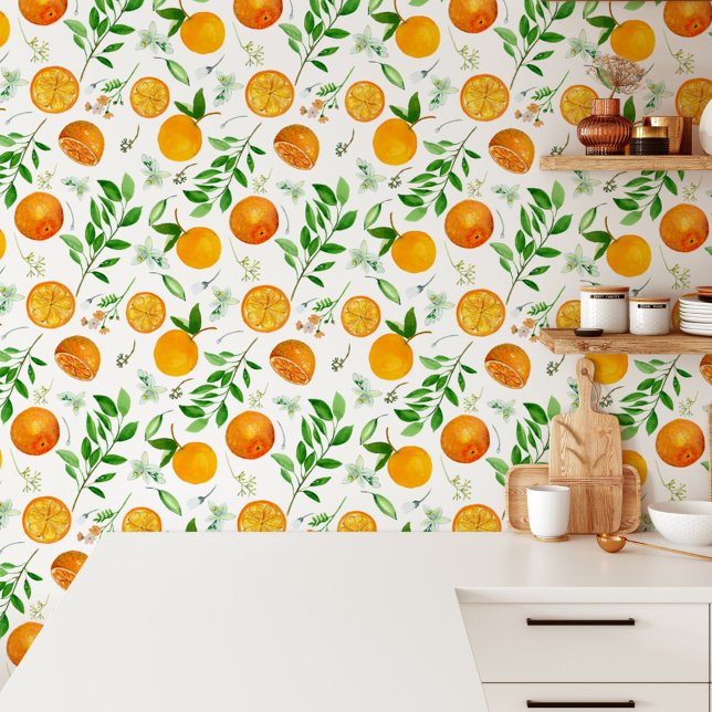 Papier Peint Orange Citrus été Floral Motif botanique (In situ)