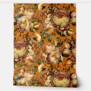 Papier Peint Orange Moody Florals Vintage Baroque Flower Garden