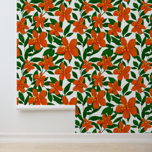 Papier Peint Orange Rouge Floral Vert Botanique Motif
