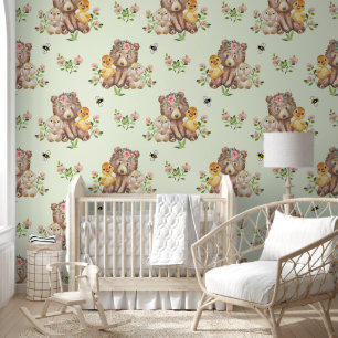 Papier Peint Ours animal boisé Boeuf lapin Baby Nursery Green