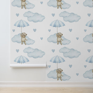 Papier Peint Ours Bleu Parapluie Nuages Coeurs Baby Boy Nursery