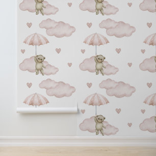 Papier Peint Ours Blush Pink Parapluie Nuages Coeurs Bébé Fille