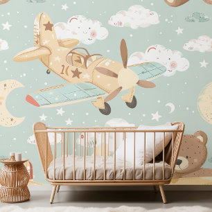 Papier Peint Ours en peluche et avion Pastel Sky