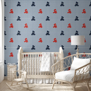 Papier Peint Ours en peluche garçons Gingham - Navy, Rouge & Bl