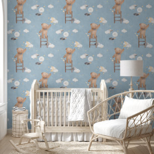 Papier Peint Ours En Teddy Bleu Cute Atteint Étoiles Nursery
