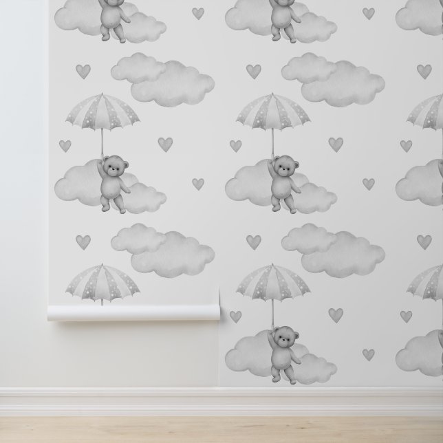 Papier Peint Ours Gris Parapluie Nuages Coeurs Bébé Neutre (Application)