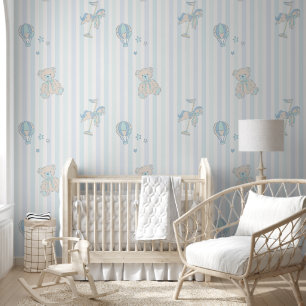Papier Peint Ourson Bleu Bébé Garçon Nursery Carrousel Teddy Be
