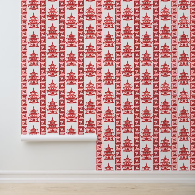 Papier Peint Pagode grec à la clé – Chinoiserie rouge (Application)