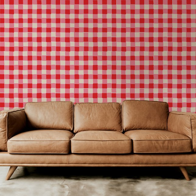 Papier Peint Paid À damiers rose et rouge (Playful pink and red checkered plaid hand-drawn wallpaper.)