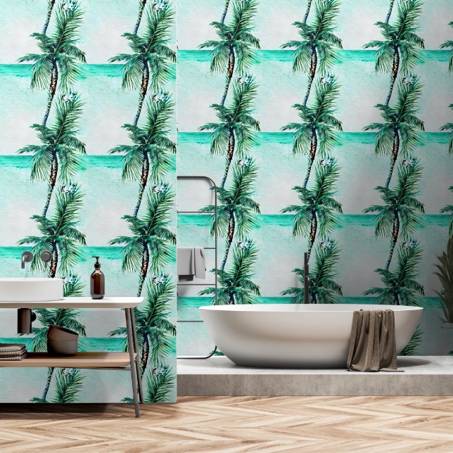 Papier Peint Palm arbre turquoise océan côtier sans couture mot (Salle de bain)