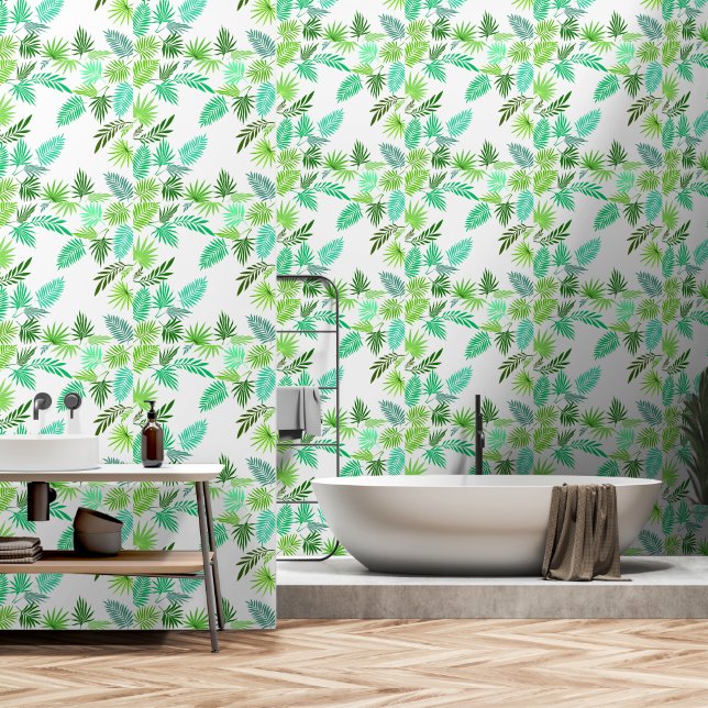 Papier Peint Palm Feuilles Peel and Stick Tropical moderne vert (Salle de bain)