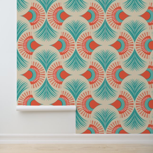 Papier Peint Palm Springs - Sunset Palms - Coral Red and Teal (Application)