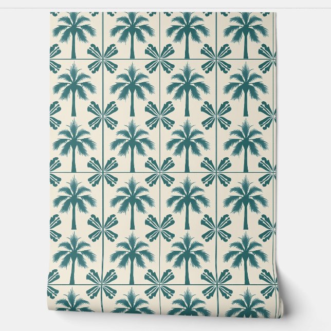 Papier Peint Palm Tropical Escape Petite Green, Beige - Côtier (Déroulement)