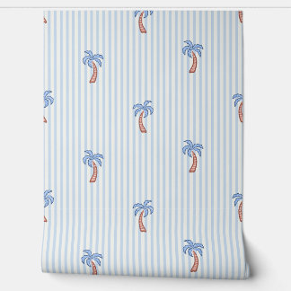 Papier Peint Palmier Méditerranéen & Rayure Côtière Bleue
