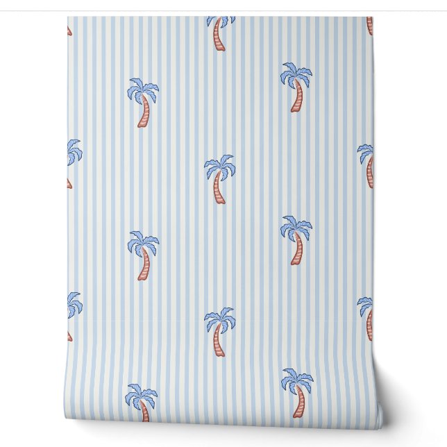 Papier Peint Palmier Méditerranéen & Rayure Côtière Bleue (Déroulement)