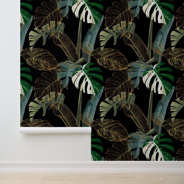 Papier Peint Palmier tropical, banane, plante, feuilles dorés. (Application)