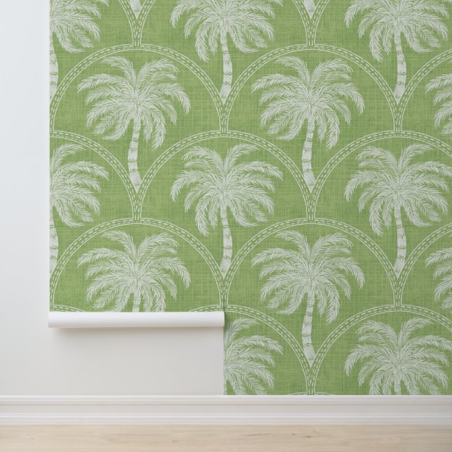Papier Peint Palmiers blancs sur fond vert doux côtier tropical (Application)
