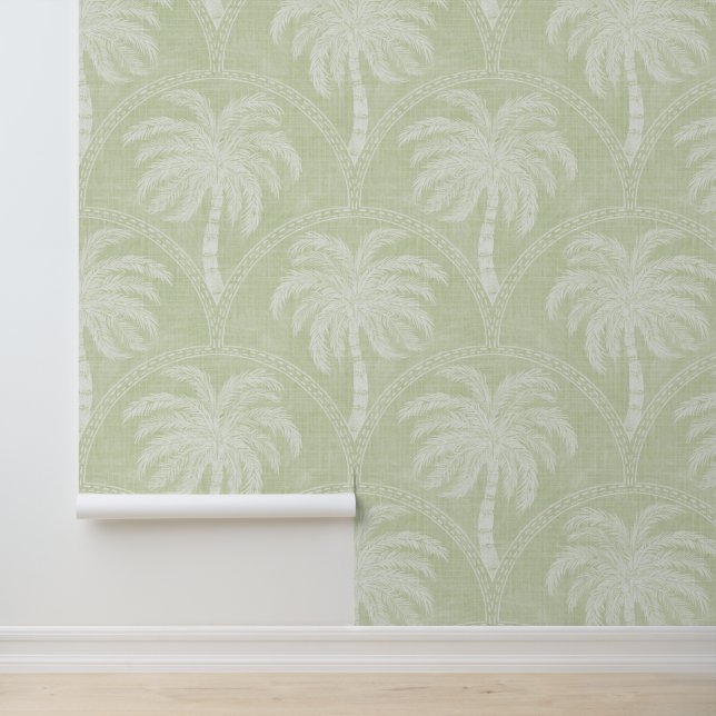 Papier Peint Palmiers en motifs d'arche vert pastel texturés (Application)